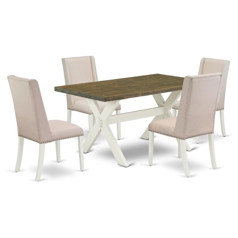 East West Furniture X076Fl201-5 5 Piece Kitchen Table Set For 4 Includes A Rectangle Dining Table With X-Legs And 4 Cream Linen Fabric Parson Dining Room Chairs, 36X60 Inch, Multi-Color